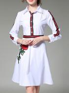 Shein White Lapel Rose Embroidered A-line Dress