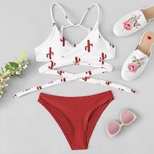 Shein Random Cactus Print Wrap Bikini Set