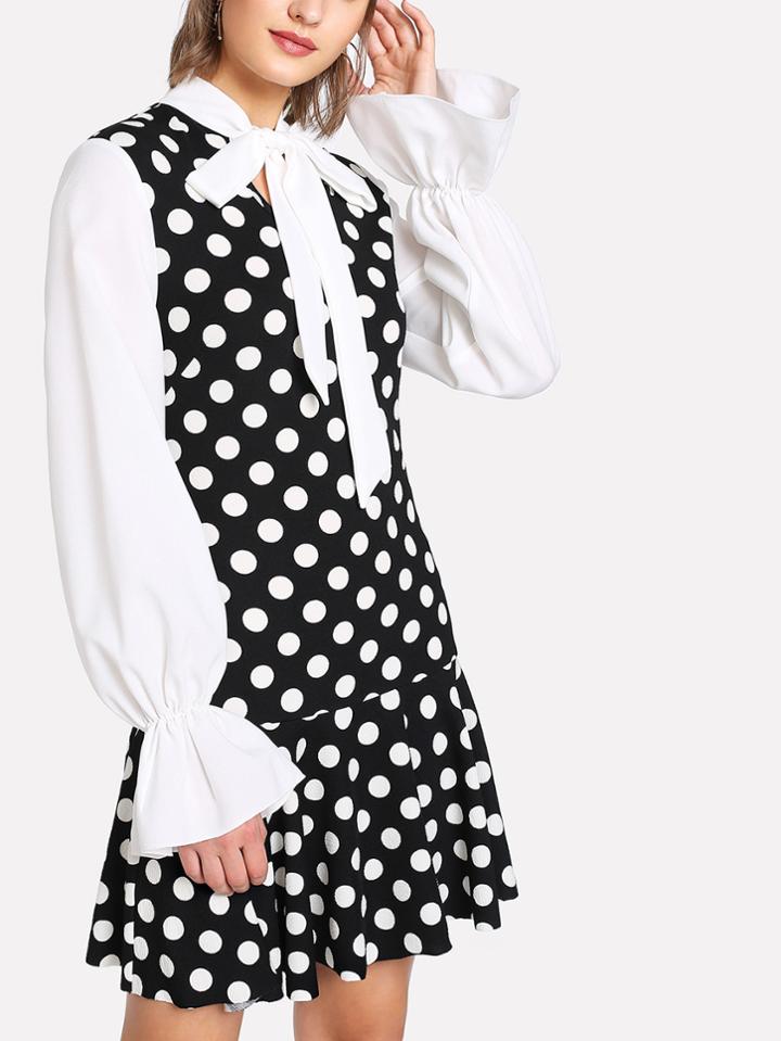 Shein Tie Neck Ruffle Hem Polka Dot Dress