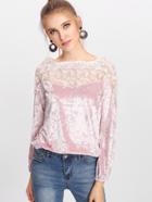 Shein Contrast Embroidered Mesh Crushed Velvet Tee