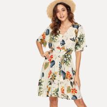 Shein Bell Sleeve Tassel Tie Shirred Waist Tropical Dress