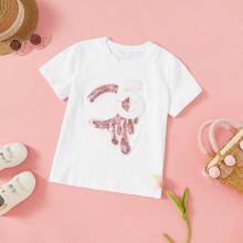 Shein Girls Digital Contrast Sequin Round Neck Tee