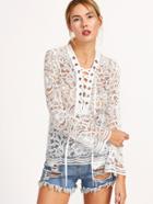 Shein Lace Up Grommet Flute Sleeve Lace Sheer Blouse