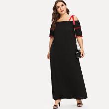 Shein Plus Open Shoulder Pom Pom Trim Dress