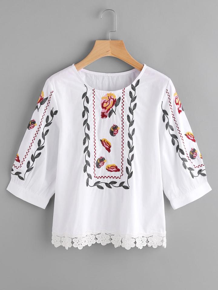 Shein Floral Lace Trim Embroidery Blouse