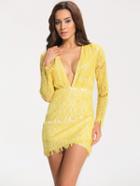 Shein Yellow Lemons Deep V Neck Long Sleeve Bodycon Lace Dress