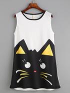 Shein White Contrast Neck Cat Print Dress