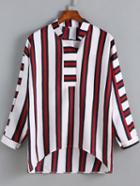 Shein Red White Stand Collar Vertical Stripe Blouse