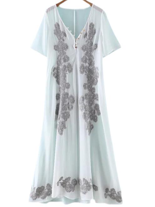 Shein White Buttons V Neck Embroidery Chiffon Maxi Dress