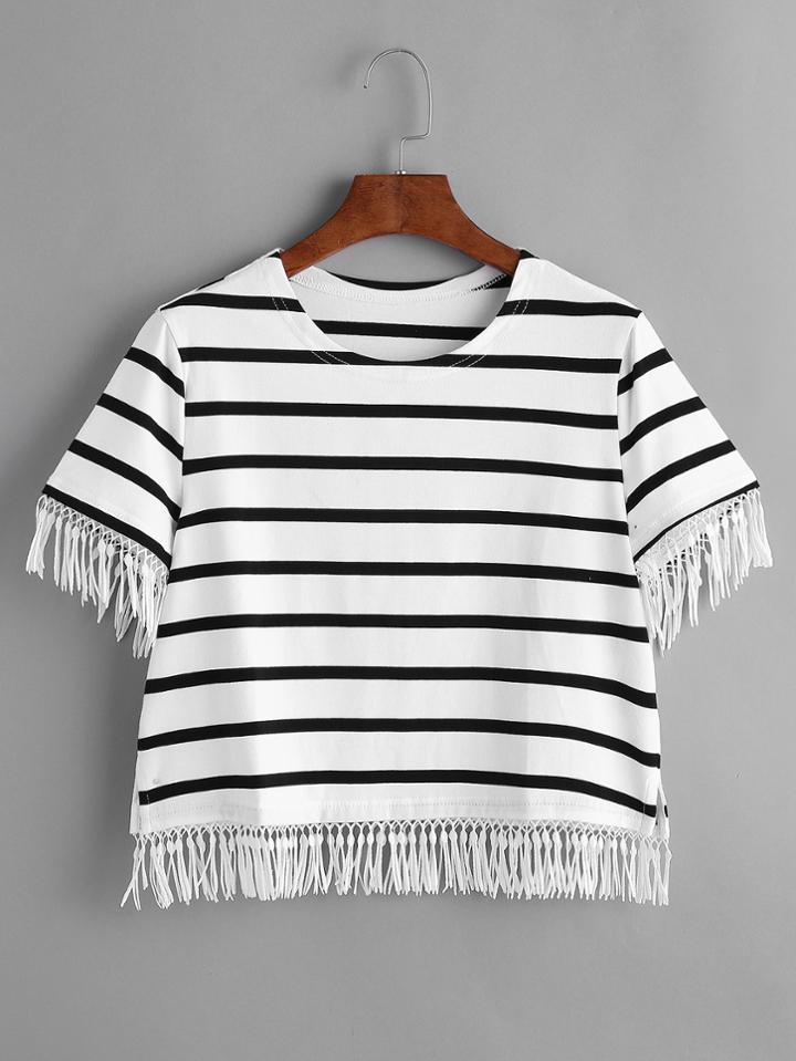 Shein Pinstripe Fringe Trim Tee
