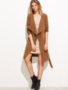 Shein Khaki Drape Collar Wrap Coat With Belt