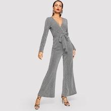 Shein Surplice Neck Flare Hem Glitter Jumpsuit