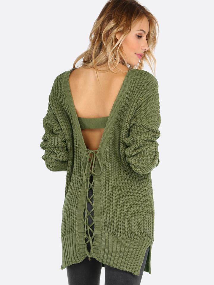 Shein Plunging V Lace Up Back Knit Sweater Olive