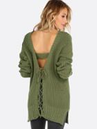 Shein Plunging V Lace Up Back Knit Sweater Olive