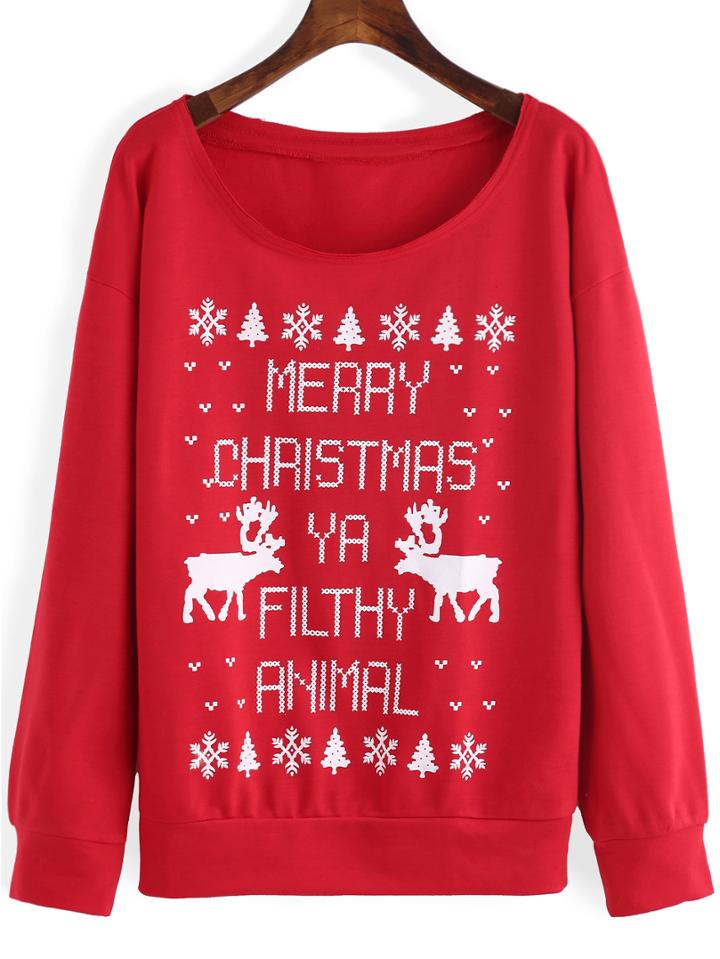 Shein Red Round Neck Letters Deer Print Sweatshirt