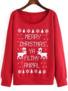 Shein Red Round Neck Letters Deer Print Sweatshirt