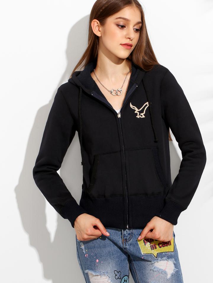 Shein Black Zip Front Embroidered Hooded Sweatshirt