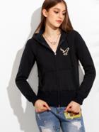 Shein Black Zip Front Embroidered Hooded Sweatshirt