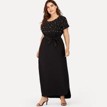 Shein Plus Tie Waist Pearl Beaded Dress