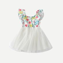Shein Girls Floral Print Contrast Mesh Dress