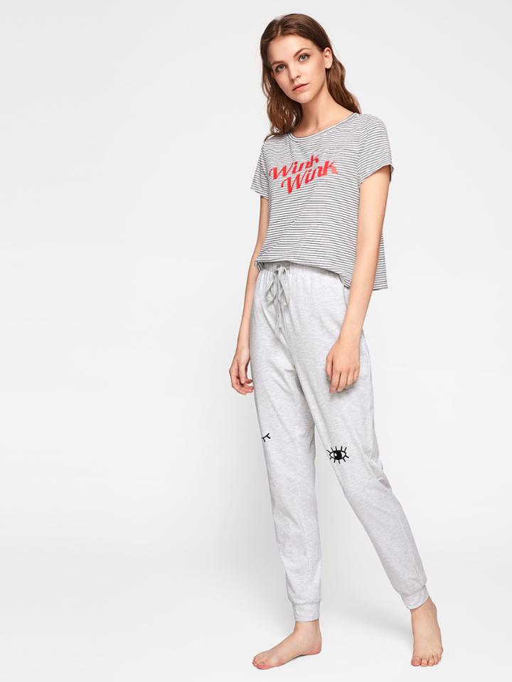 Shein Striped Tee And Heather Knit Sweatpants Pajama Set