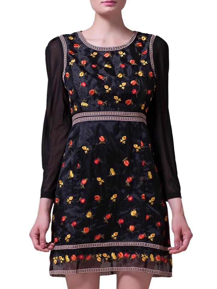 Shein Black Gauze Embroidered A-line Dress