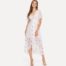 Shein Flower Print Asymmetrical Hem Surplice Wrap Dress