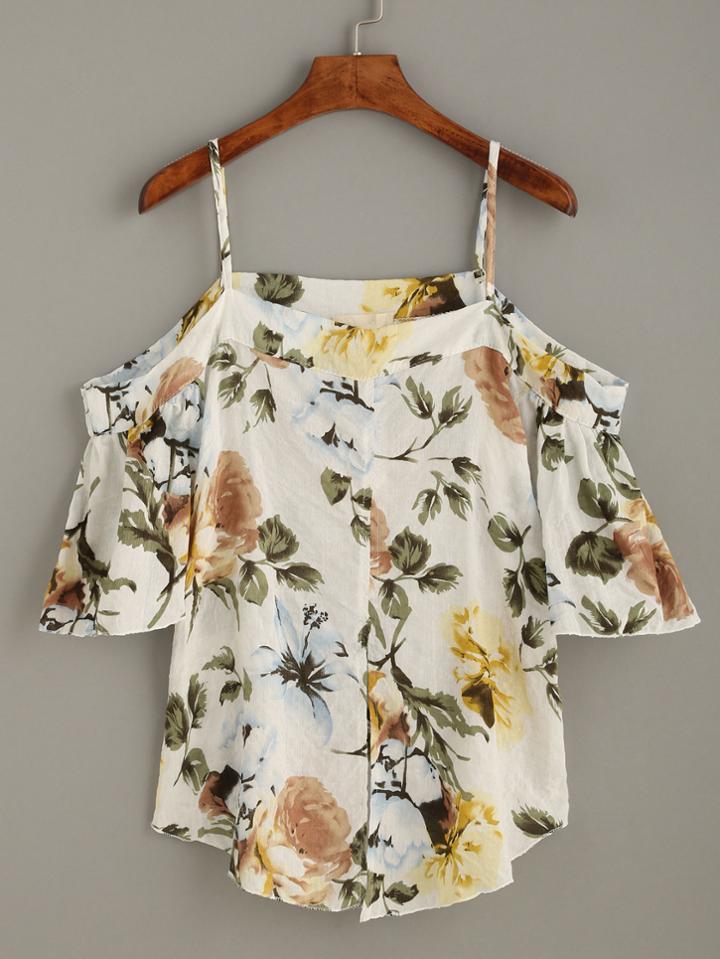 Shein White Flower Print Cold Shoulder Blouse
