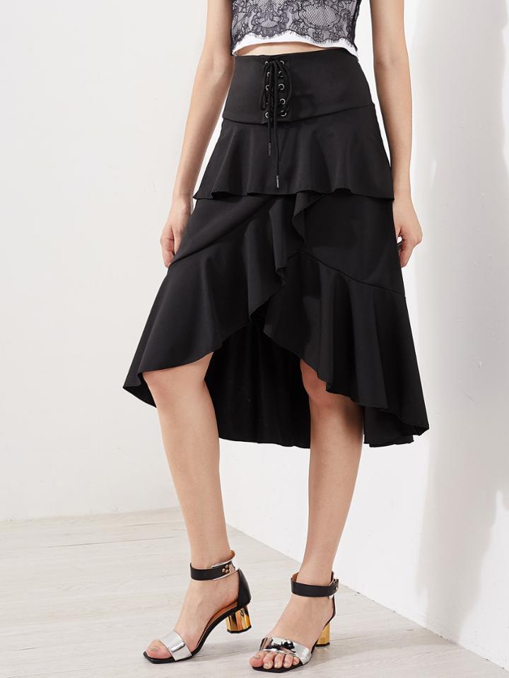Shein Lace Up Frill Trim Tulip Hem Skirt