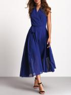 Shein Deep-plunge Neck Wrap Front Dress With Tie Waist