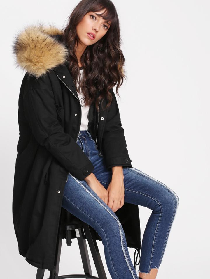 Shein Faux Fur Contrast Lined Parka Coat