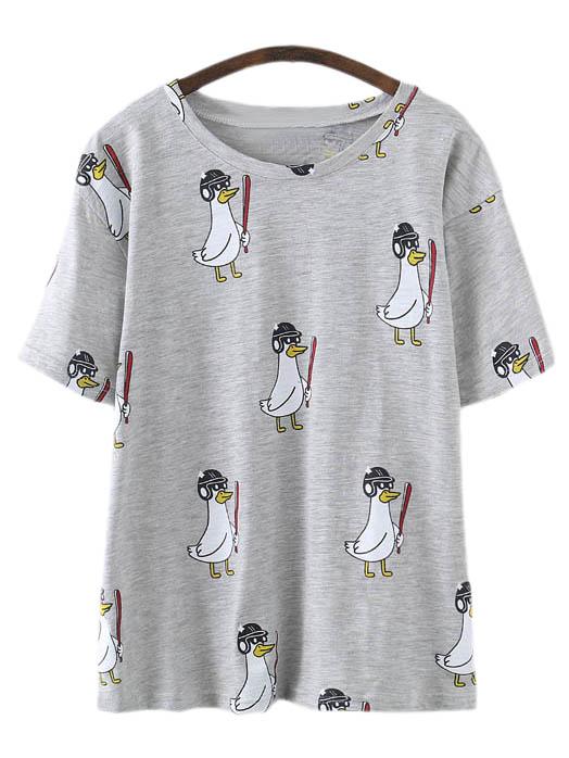 Shein Grey Short Sleeve Baseball Ducklings Print T-shirt