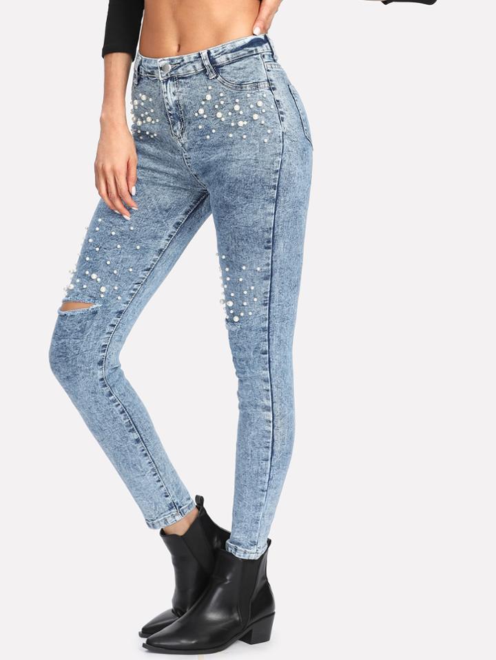 Shein Bleach Wash Faux Pearl Detail Jeans