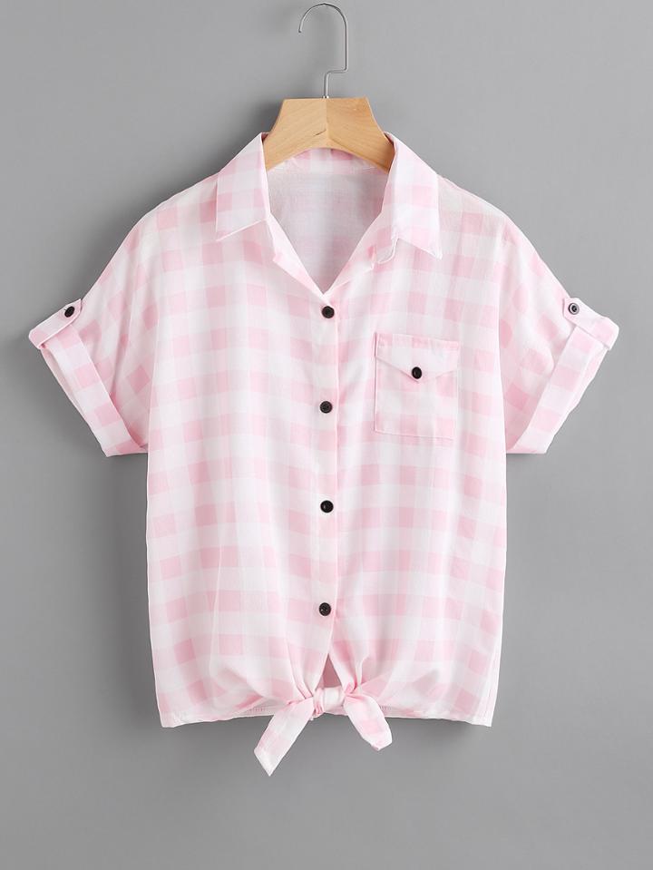Shein Checkered Knotted Hem Cuffed Shirt With Chest Pocket
