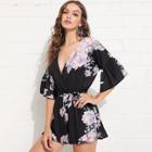 Shein Bell Sleeve Ruffle Hem Floral Romper