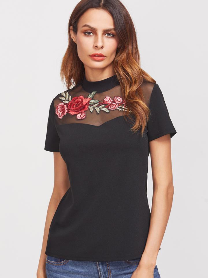 Shein Black Embroidered Rose Applique Mesh Neck T-shirt