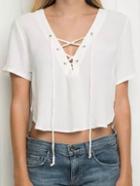 Shein White V Neck Lace Up Crop Shirt