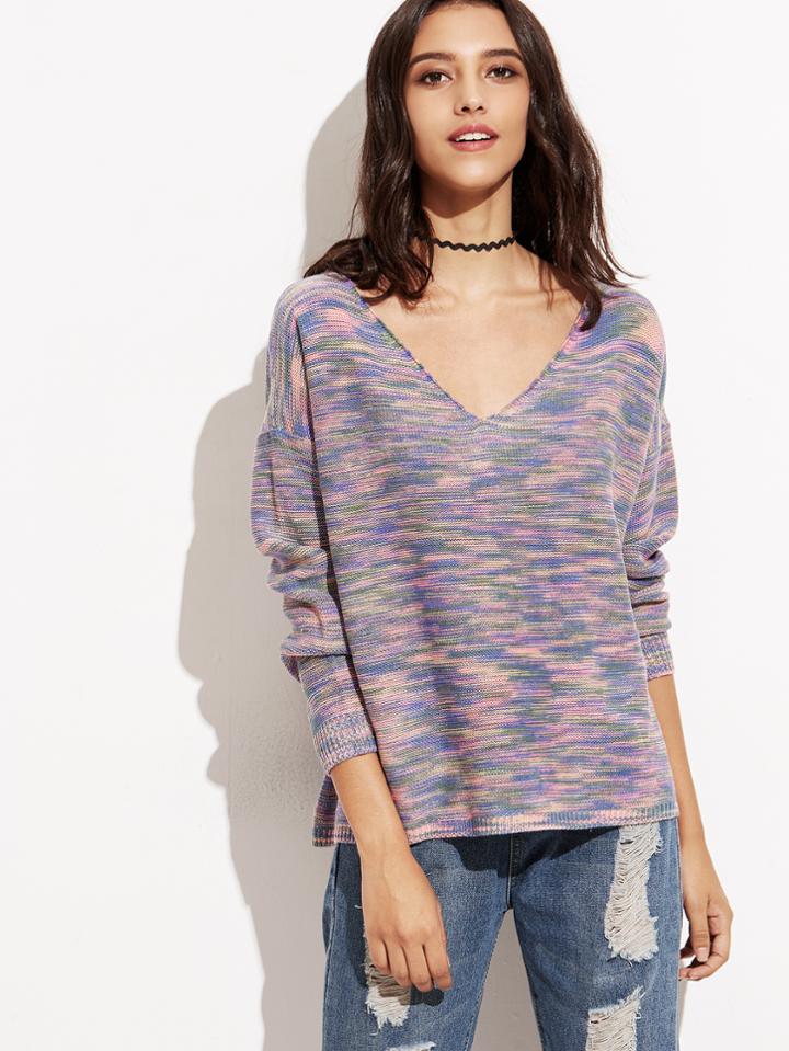 Shein Multicolor Marled Knit V Neck Drop Shoulder Sweater