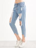 Shein Blue Distressed Asymmetric Hem Jeans