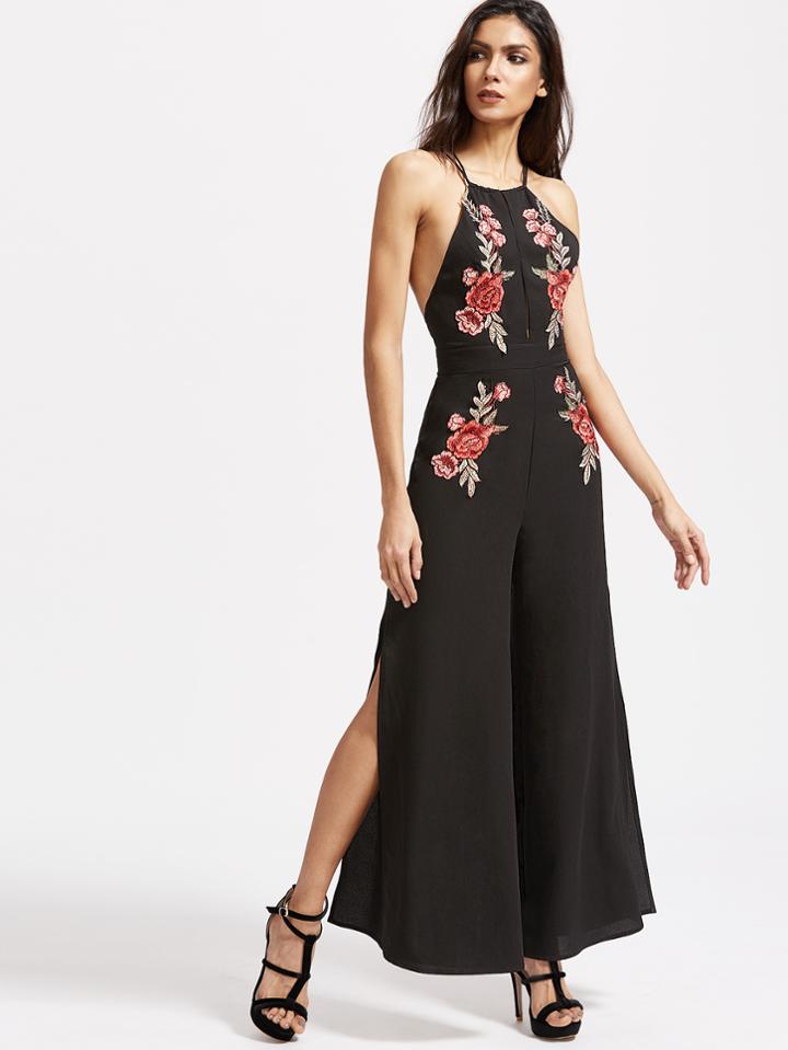Shein Black Embroidered Rose Applique Split Front Crisscross Back Jumpsuit