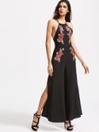 Shein Black Embroidered Rose Applique Split Front Crisscross Back Jumpsuit