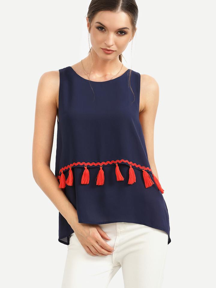 Shein Navy Sleeveless Tassel Split High-low Top