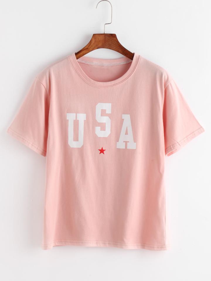 Shein Pink Letter And Star Print T-shirt