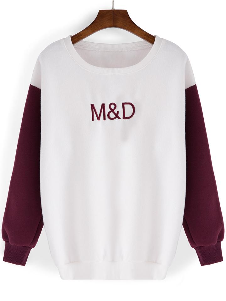 Shein White Burgundy Round Neck Letters Embroidered Sweatshirt