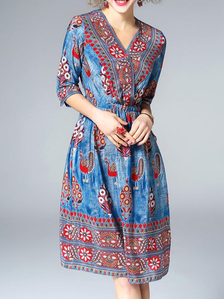 Shein Blue V Neck Elastic-waist Denim Dress