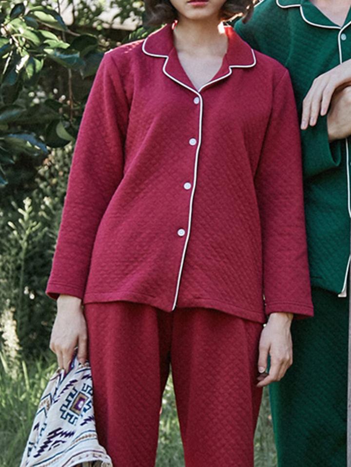 Shein Contrast Binding Quilted Shirt & Pants Pj Set