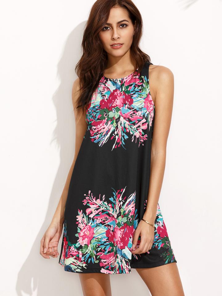 Shein Floral Print Round Neck Sleeveless A-line Dress
