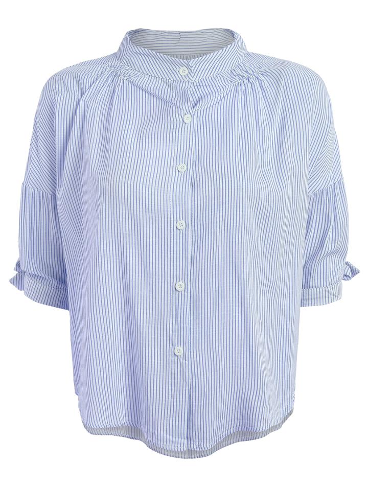 Shein Band Collar Vertical Striped Half Sleeve Blouse - Blue