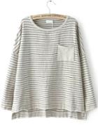 Shein Light Grey Round Neck Striped Pocket Knitwear