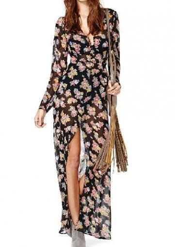 Rosewe Enchanting Long Sleeve V Neck Printed Dress With Slit